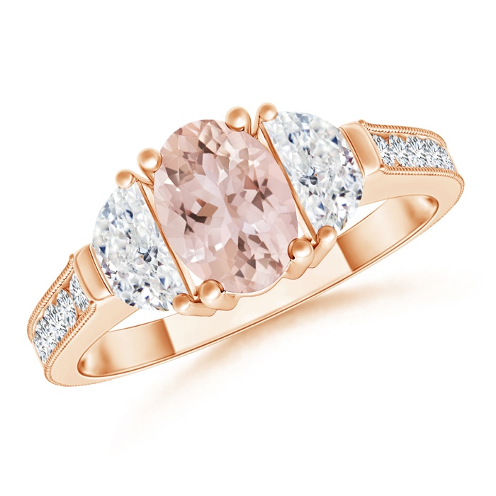 7x5mm AAA Oval Morganite and Half Moon Diamond Three Stone Ring in Rose Gold