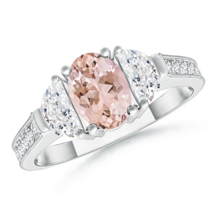 7x5mm AAAA Oval Morganite and Half Moon Diamond Three Stone Ring in White Gold