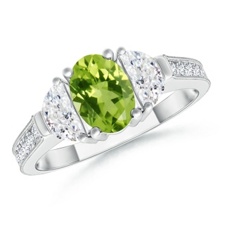 7x5mm AAA Oval Peridot and Half Moon Diamond Three Stone Ring in White Gold