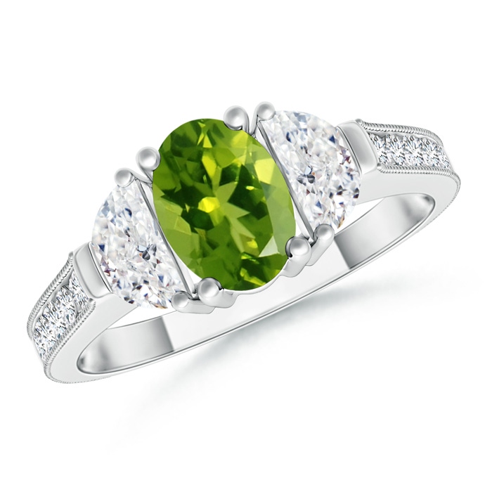 7x5mm AAAA Oval Peridot and Half Moon Diamond Three Stone Ring in P950 Platinum