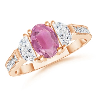 7x5mm AA Oval Pink Tourmaline and Half Moon Diamond Three Stone Ring in Rose Gold