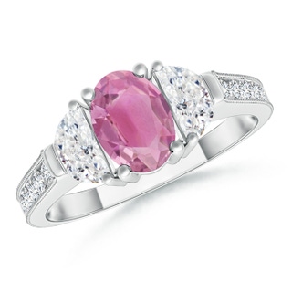 7x5mm AA Oval Pink Tourmaline and Half Moon Diamond Three Stone Ring in White Gold