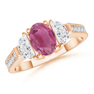 7x5mm AAA Oval Pink Tourmaline and Half Moon Diamond Three Stone Ring in Rose Gold