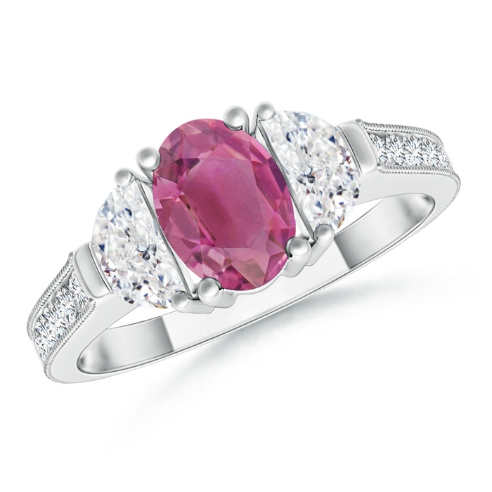 7x5mm AAA Oval Pink Tourmaline and Half Moon Diamond Three Stone Ring in White Gold