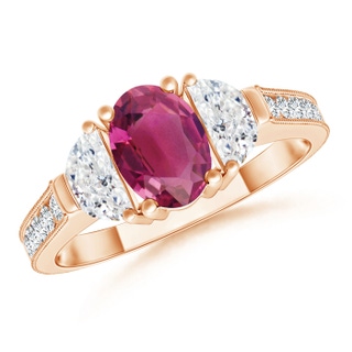 7x5mm AAAA Oval Pink Tourmaline and Half Moon Diamond Three Stone Ring in Rose Gold