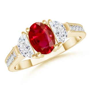7x5mm AAA Oval Ruby and Diamond Half Moon Three Stone Ring in 9K Yellow Gold