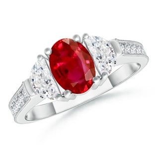 7x5mm AAA Oval Ruby and Diamond Half Moon Three Stone Ring in White Gold