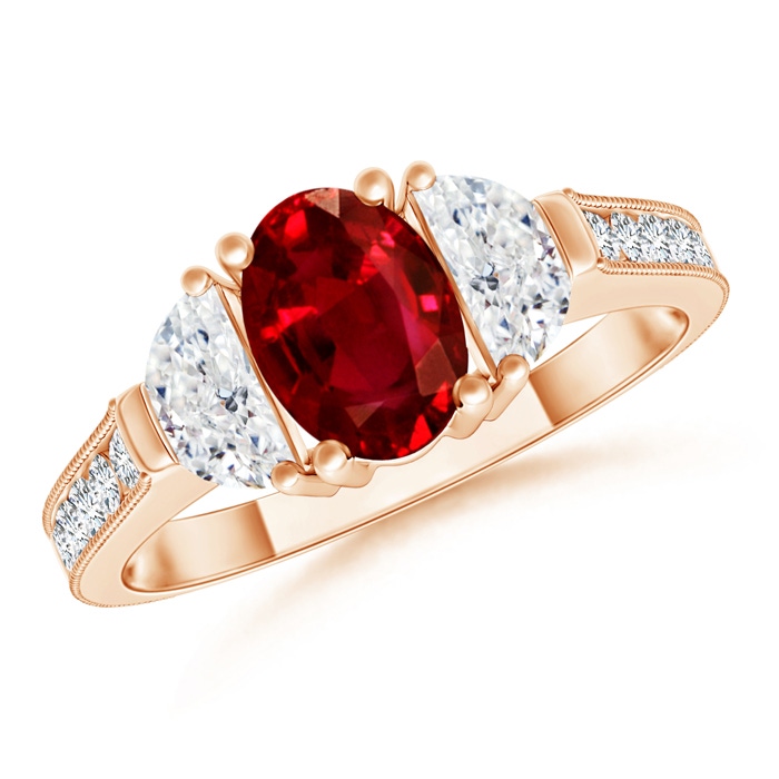 7x5mm AAAA Oval Ruby and Diamond Half Moon Three Stone Ring in Rose Gold