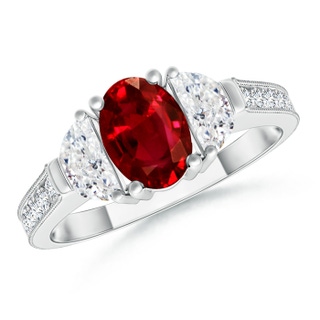 7x5mm AAAA Oval Ruby and Diamond Half Moon Three Stone Ring in White Gold