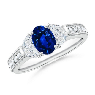 7x5mm AAAA Oval Blue Sapphire and Half Moon Diamond Three Stone Ring in 9K White Gold
