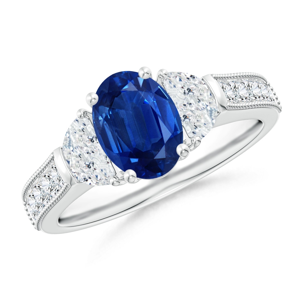 8x6mm AAA Oval Blue Sapphire and Half Moon Diamond Three Stone Ring in White Gold