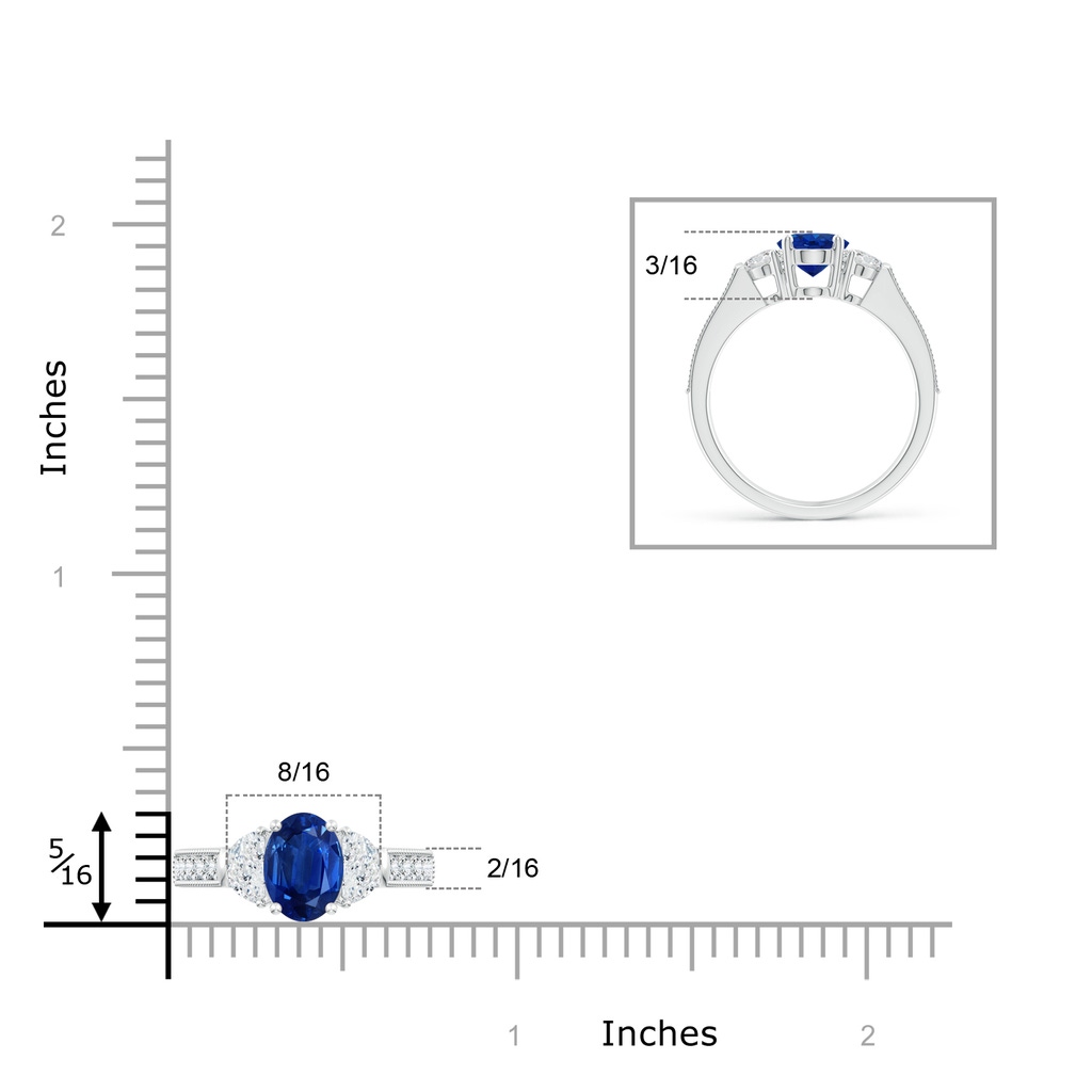 8x6mm AAA Oval Blue Sapphire and Half Moon Diamond Three Stone Ring in White Gold Product Image