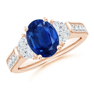 9x7mm AAA Oval Blue Sapphire and Half Moon Diamond Three Stone Ring in Rose Gold