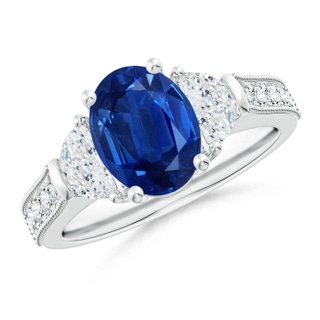 9x7mm AAA Oval Blue Sapphire and Half Moon Diamond Three Stone Ring in White Gold