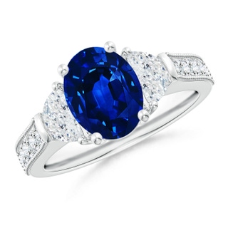 9x7mm AAAA Oval Blue Sapphire and Half Moon Diamond Three Stone Ring in P950 Platinum