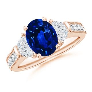 9x7mm AAAA Oval Blue Sapphire and Half Moon Diamond Three Stone Ring in Rose Gold