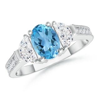 7x5mm AA Oval Swiss Blue Topaz and Half Moon Diamond Three Stone Ring in White Gold