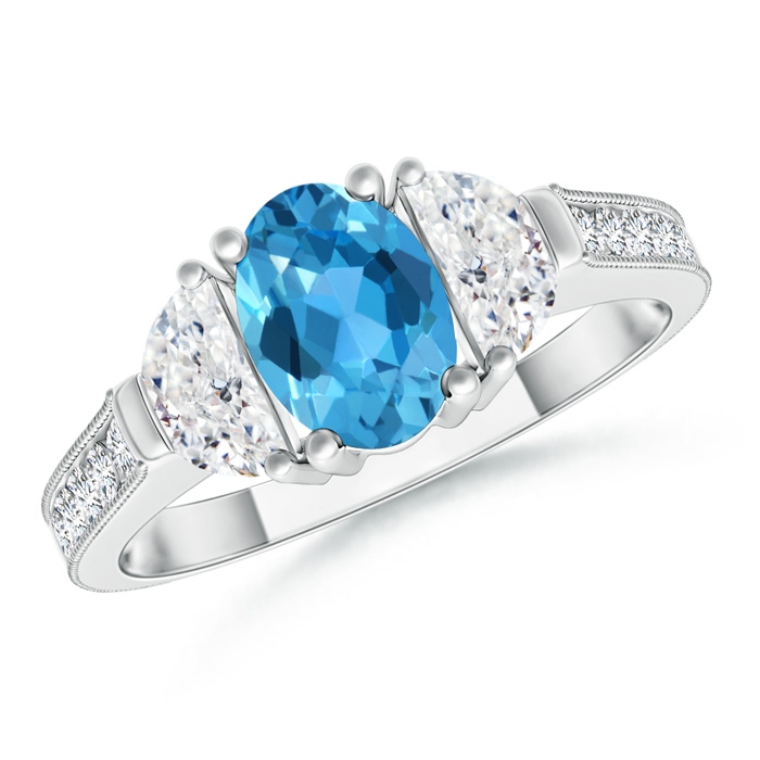 7x5mm AAA Oval Swiss Blue Topaz and Half Moon Diamond Three Stone Ring in White Gold