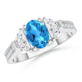 7x5mm AAAA Oval Swiss Blue Topaz and Half Moon Diamond Three Stone Ring in White Gold