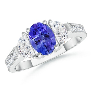 7x5mm AAA Oval Tanzanite and Half Moon Diamond Three Stone Ring in 9K White Gold