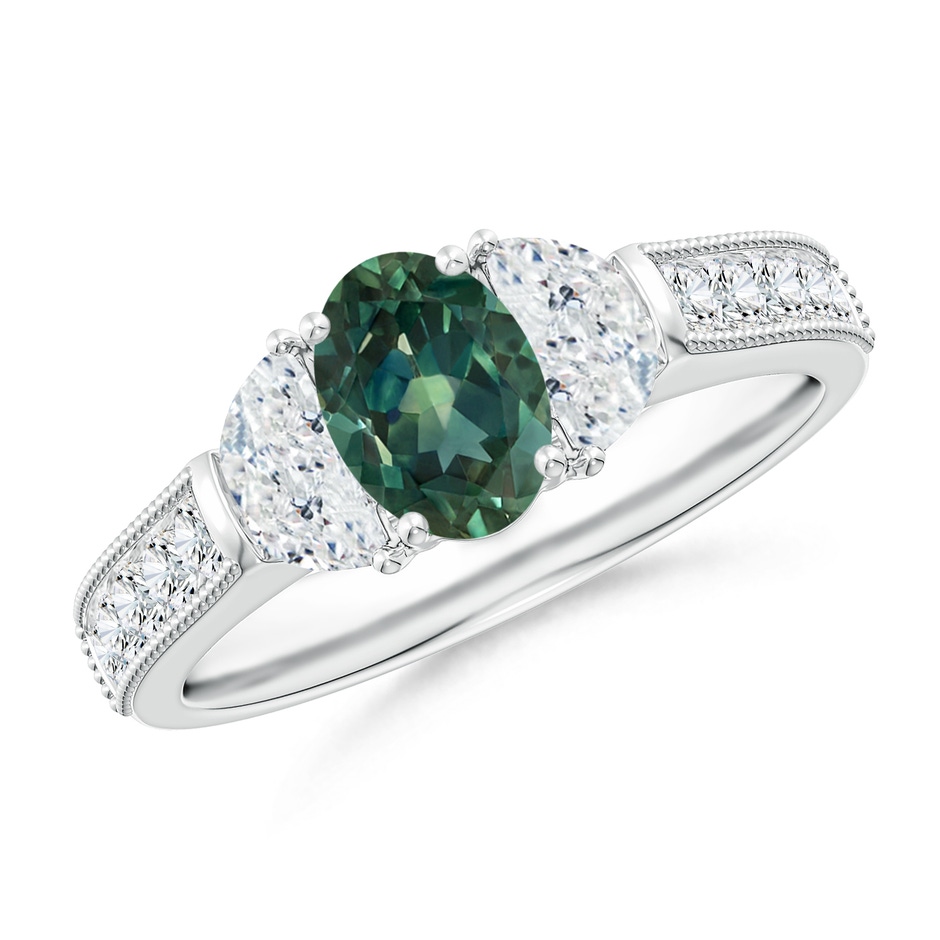 7x5mm AA Oval Teal Montana Sapphire and Half Moon Diamond Three Stone Ring in P950 Platinum 
