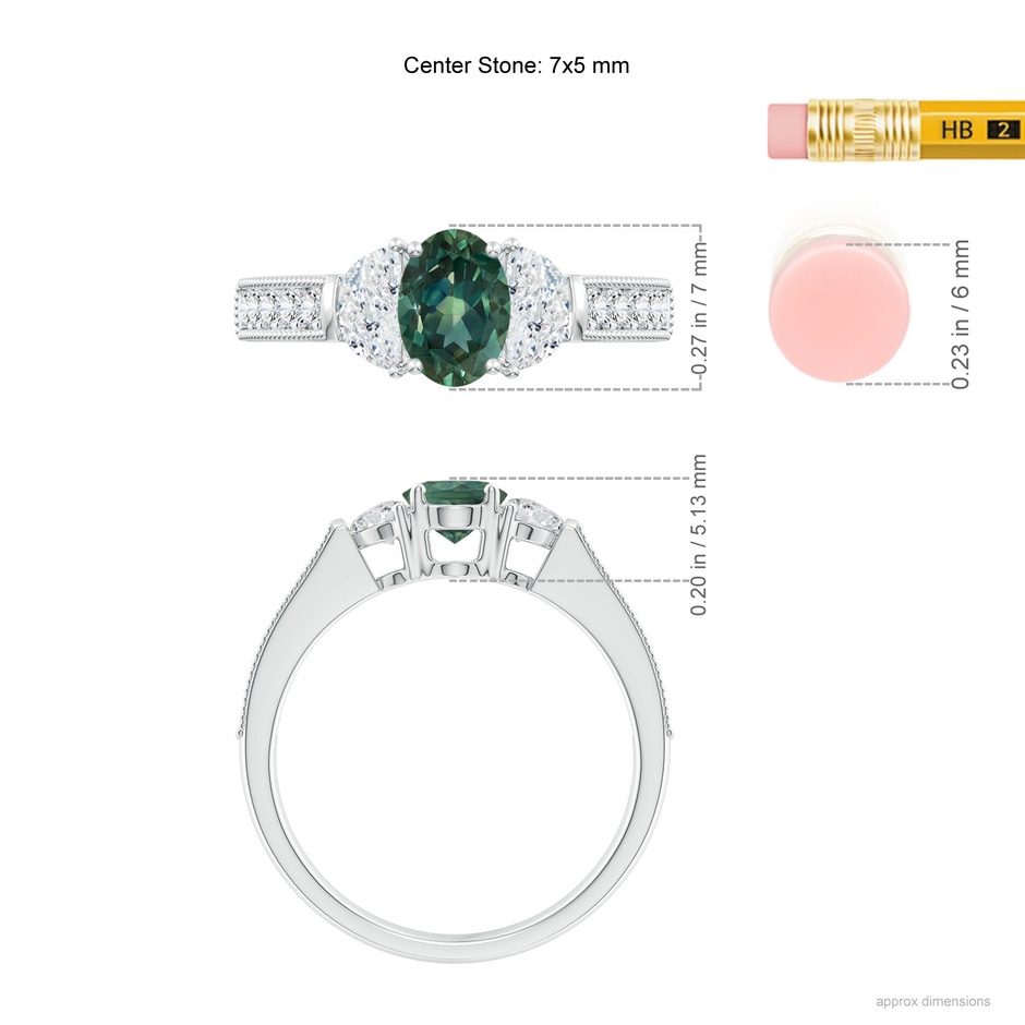 7x5mm AA Oval Teal Montana Sapphire and Half Moon Diamond Three Stone Ring in P950 Platinum ruler