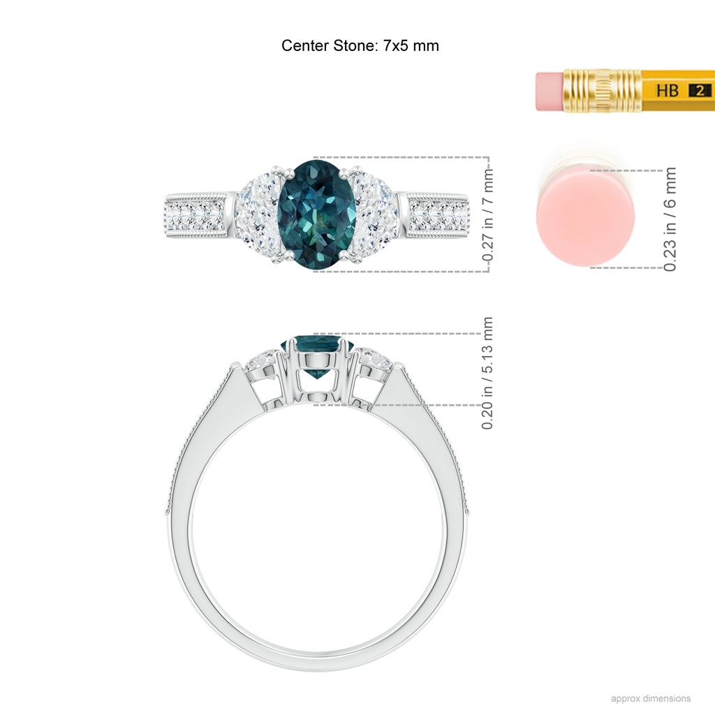 7x5mm AAA Oval Teal Montana Sapphire and Half Moon Diamond Three Stone Ring in P950 Platinum Ruler