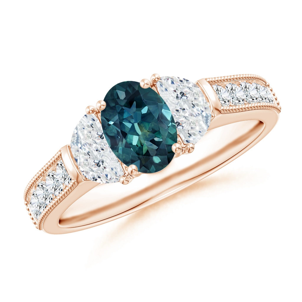 7x5mm AAA Oval Teal Montana Sapphire and Half Moon Diamond Three Stone Ring in Rose Gold