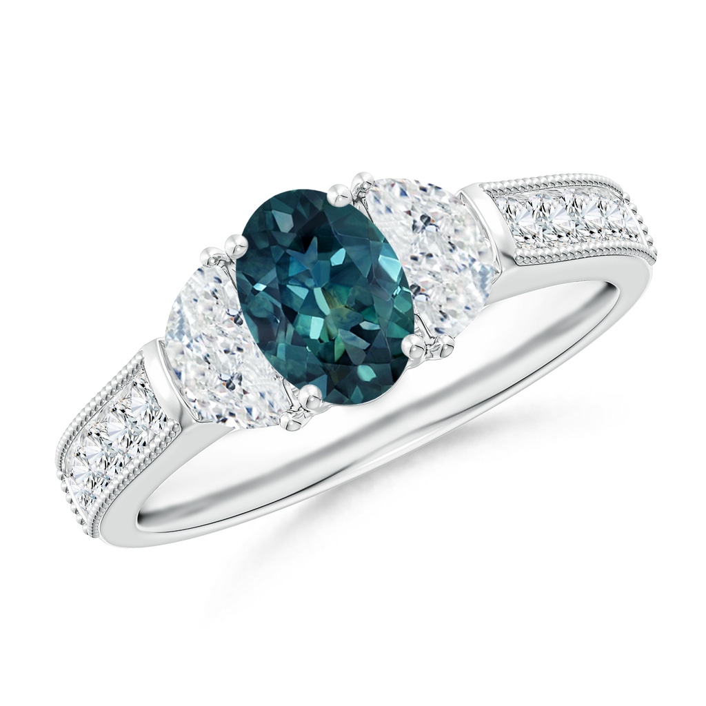 7x5mm AAA Oval Teal Montana Sapphire and Half Moon Diamond Three Stone Ring in White Gold