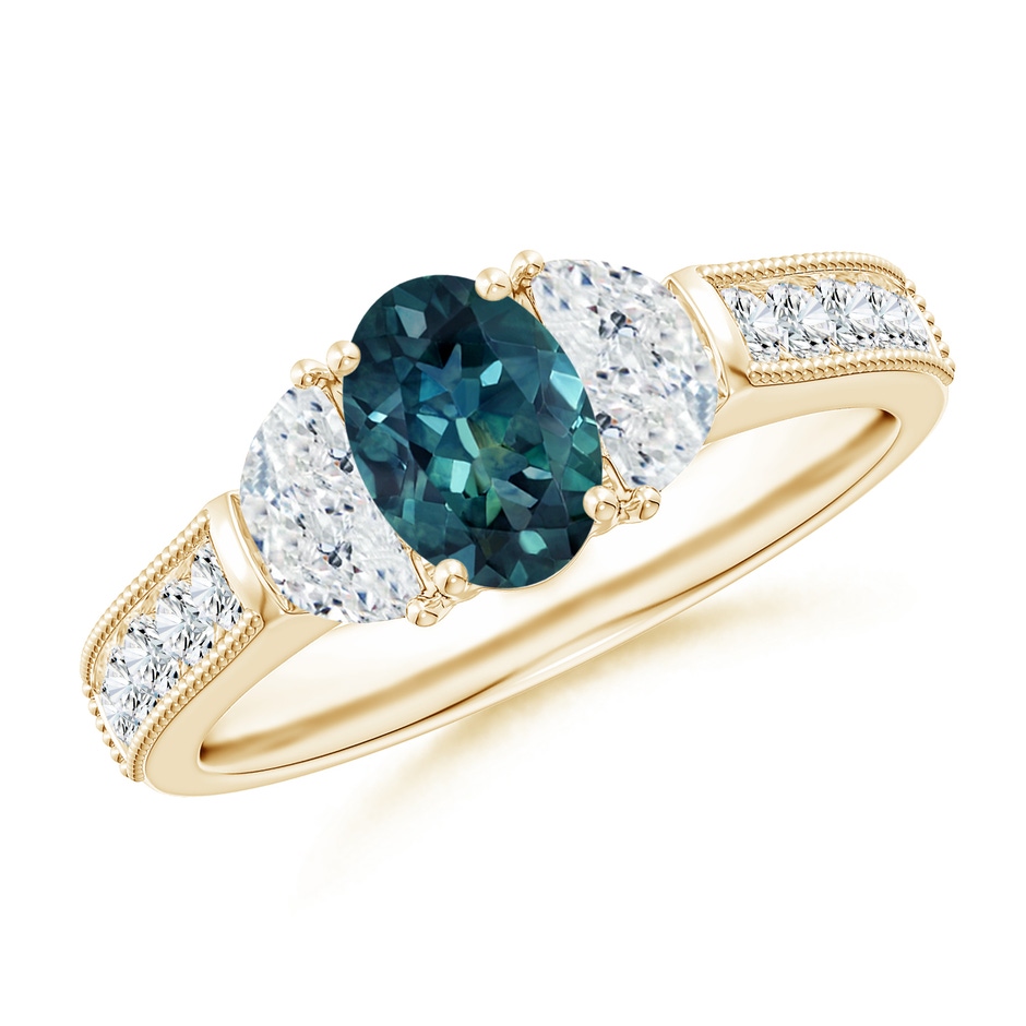 7x5mm AAA Oval Teal Montana Sapphire and Half Moon Diamond Three Stone Ring in Yellow Gold 