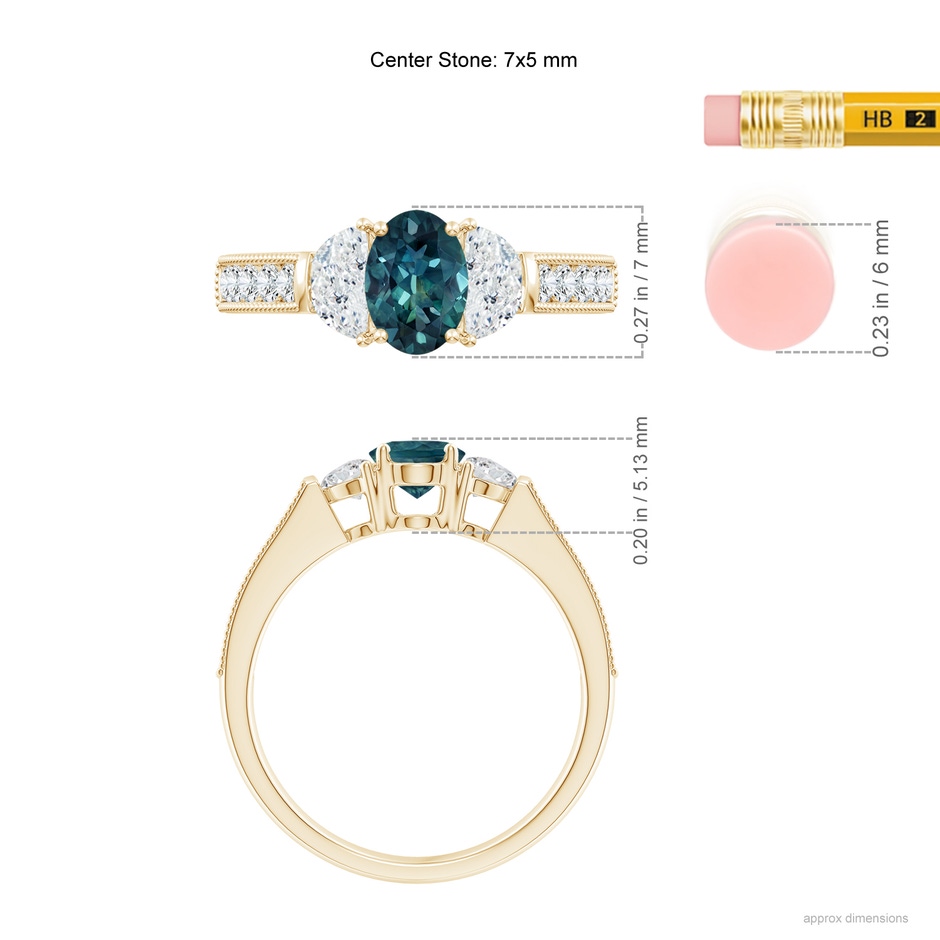 7x5mm AAA Oval Teal Montana Sapphire and Half Moon Diamond Three Stone Ring in Yellow Gold ruler