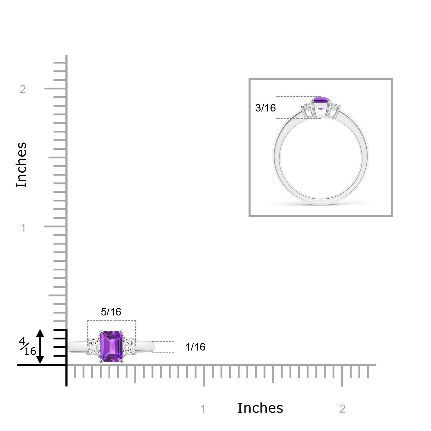 6x4mm AAA Amethyst and Diamond Three Stone Ring in White Gold - ruler