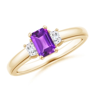 6x4mm AAA Amethyst and Diamond Three Stone Ring in Yellow Gold