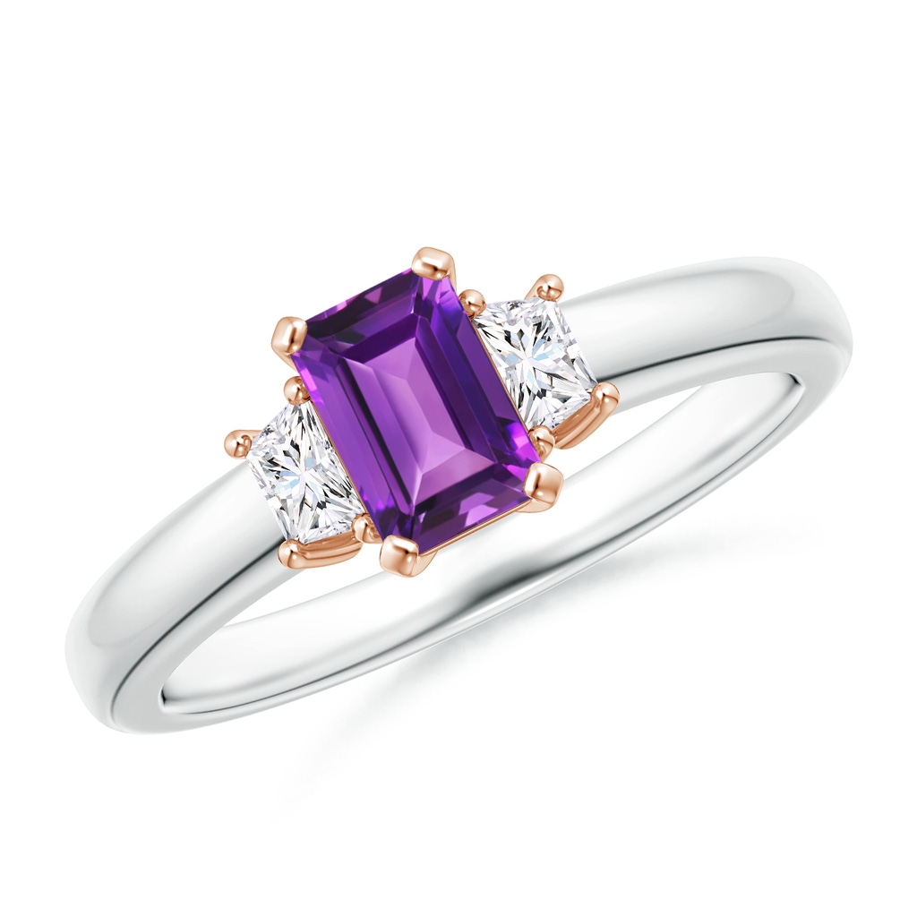 6x4mm AAAA Amethyst and Diamond Three Stone Ring in White Gold Rose Gold