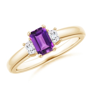 6x4mm AAAA Amethyst and Diamond Three Stone Ring in Yellow Gold