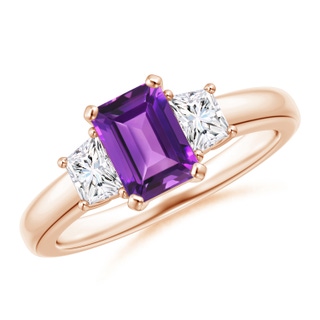 7x5mm AAAA Amethyst and Diamond Three Stone Ring in Rose Gold