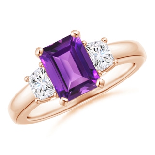 8x6mm AAAA Amethyst and Diamond Three Stone Ring in Rose Gold