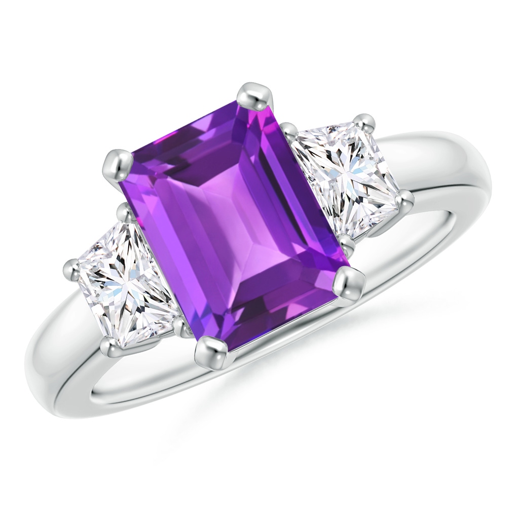 9x7mm AAA Amethyst and Diamond Three Stone Ring in White Gold
