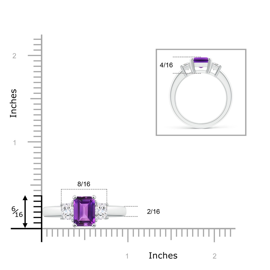 9x7mm AAAA Amethyst and Diamond Three Stone Ring in P950 Platinum ruler