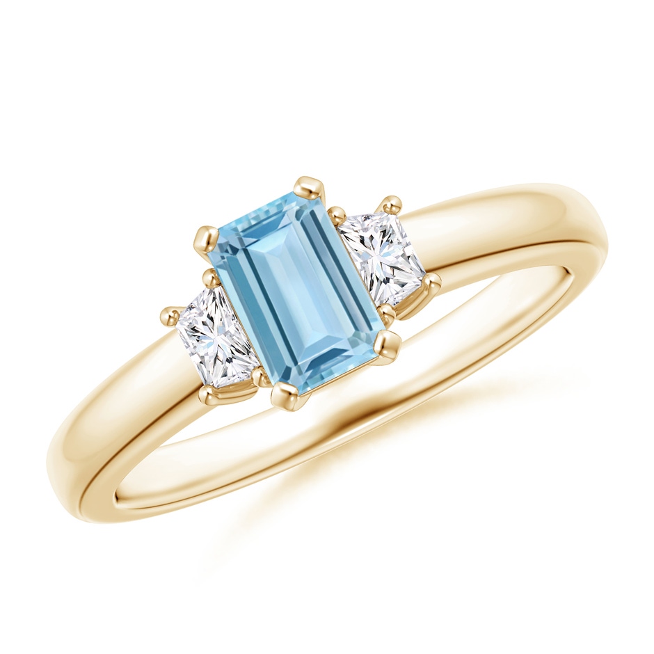 6x4mm AAA Aquamarine and Diamond Three Stone Ring in Yellow Gold 