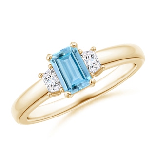 6x4mm AAAA Aquamarine and Diamond Three Stone Ring in Yellow Gold