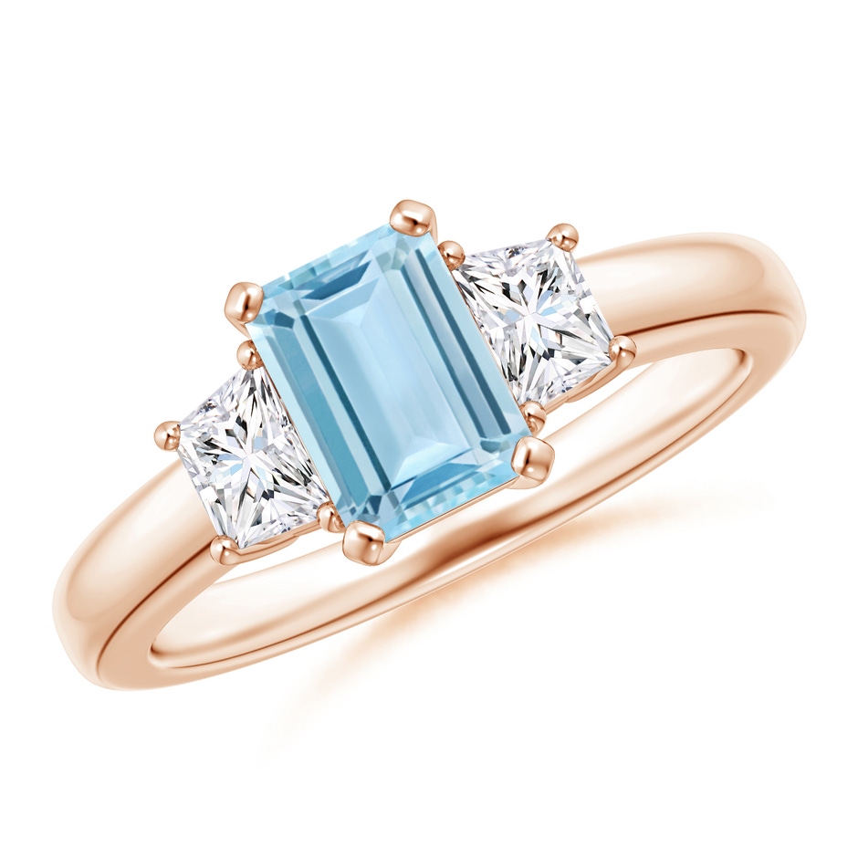 7x5mm AAA Aquamarine and Diamond Three Stone Ring in Rose Gold 