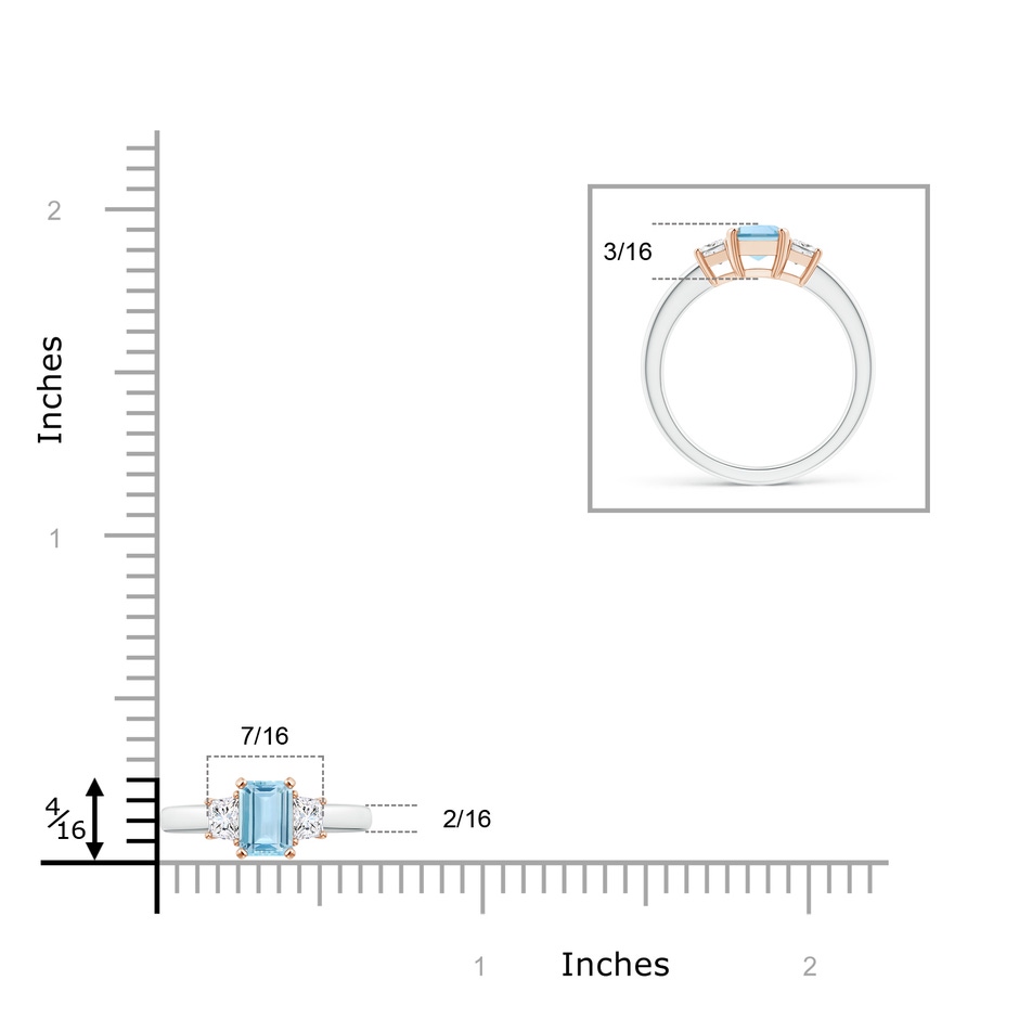 7x5mm AAA Aquamarine and Diamond Three Stone Ring in White Gold Rose Gold ruler