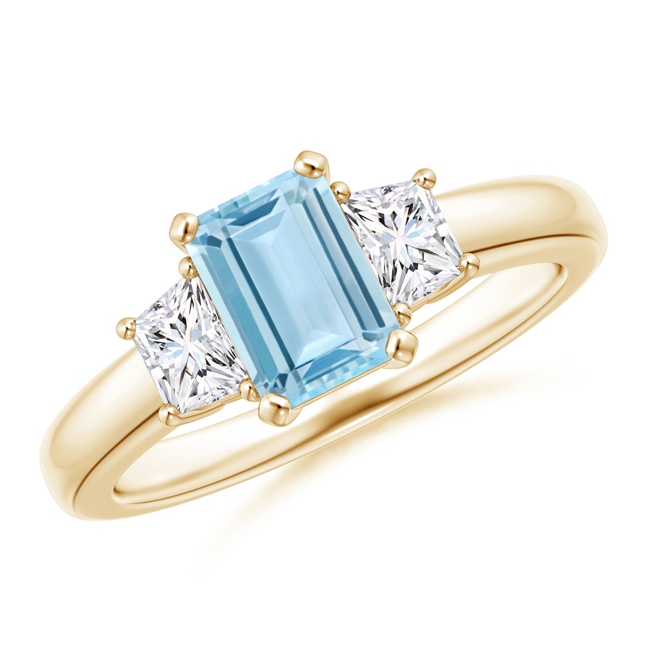 7x5mm AAA Aquamarine and Diamond Three Stone Ring in Yellow Gold 