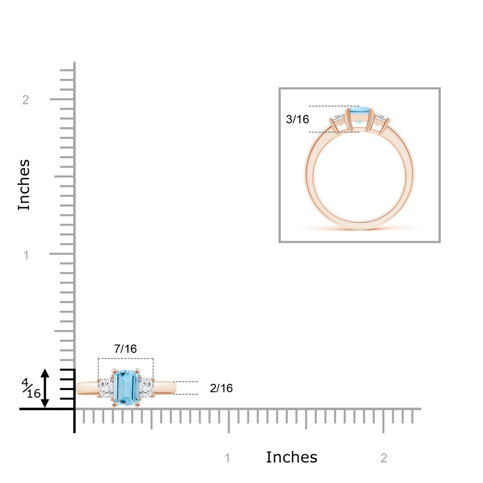 7x5mm AAAA Aquamarine and Diamond Three Stone Ring in Rose Gold ruler