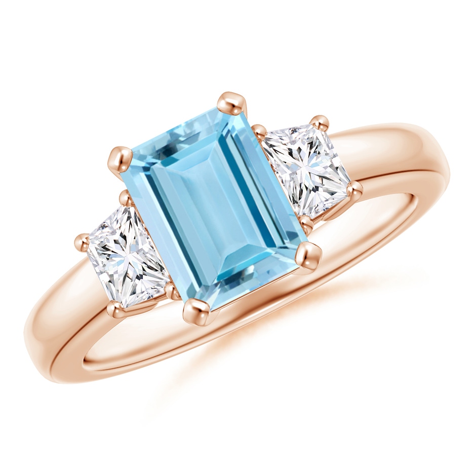 8x6mm AAAA Aquamarine and Diamond Three Stone Ring in Rose Gold 
