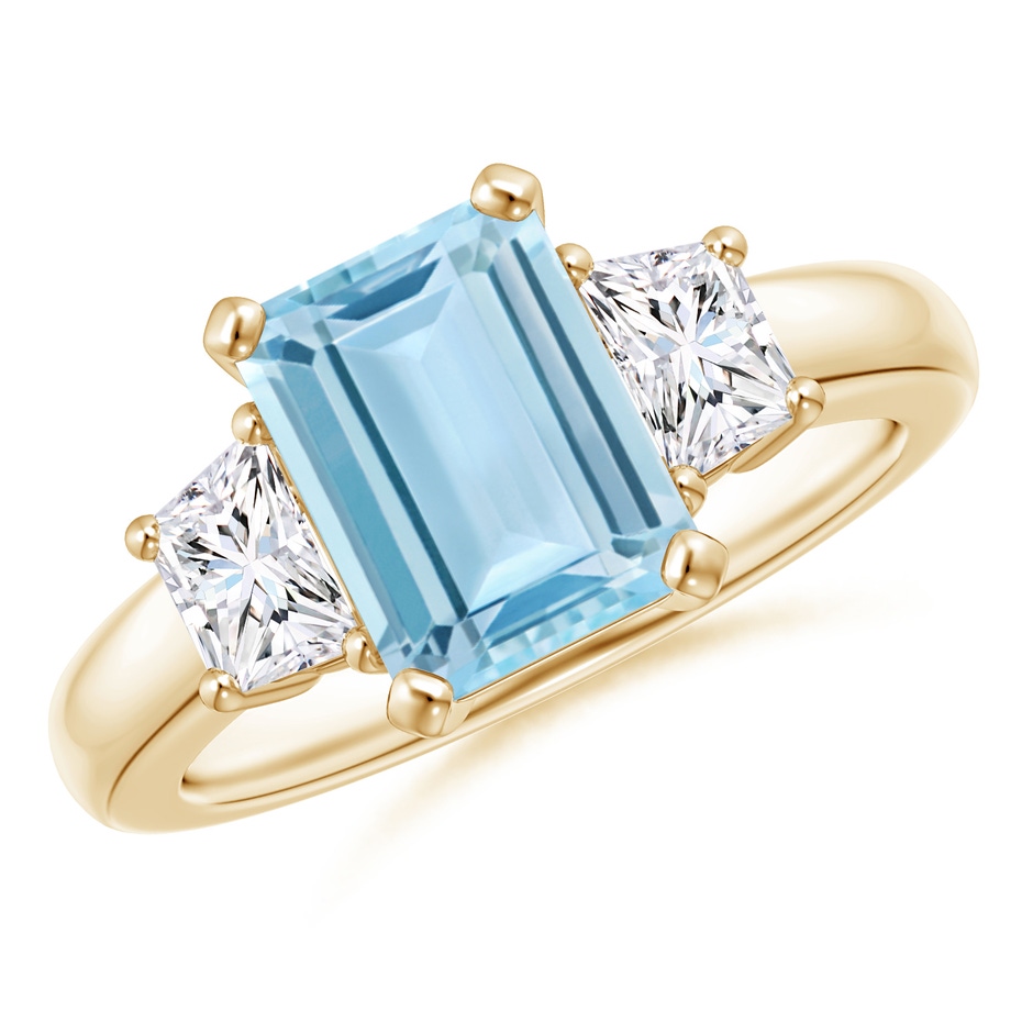 9x7mm AAA Aquamarine and Diamond Three Stone Ring in Yellow Gold 