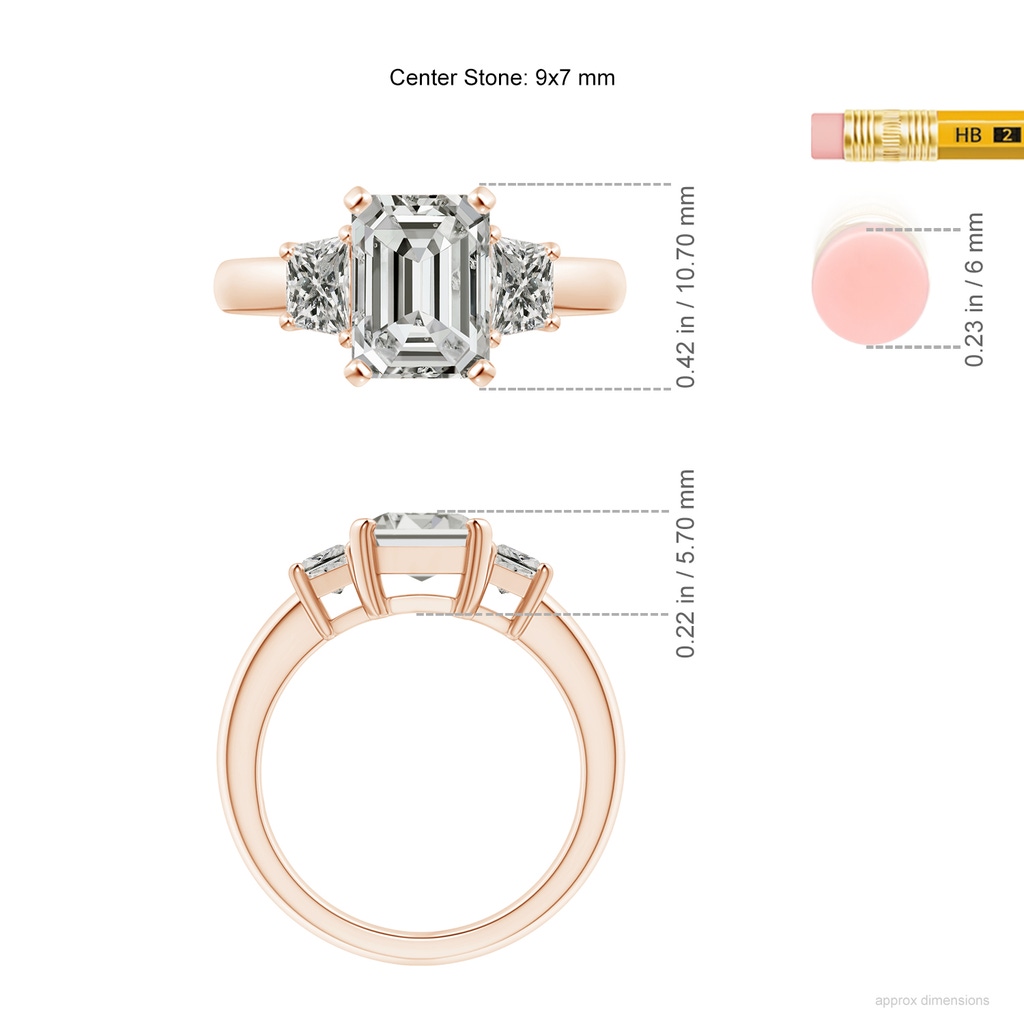 9x7mm KI3 Diamond Three Stone Ring in Rose Gold ruler