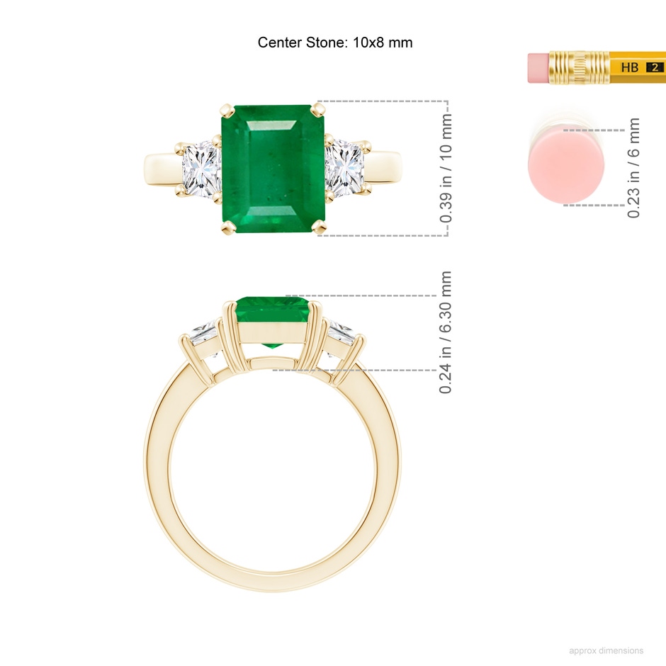 10x8mm AA Emerald and Diamond Three Stone Ring in Yellow Gold ruler