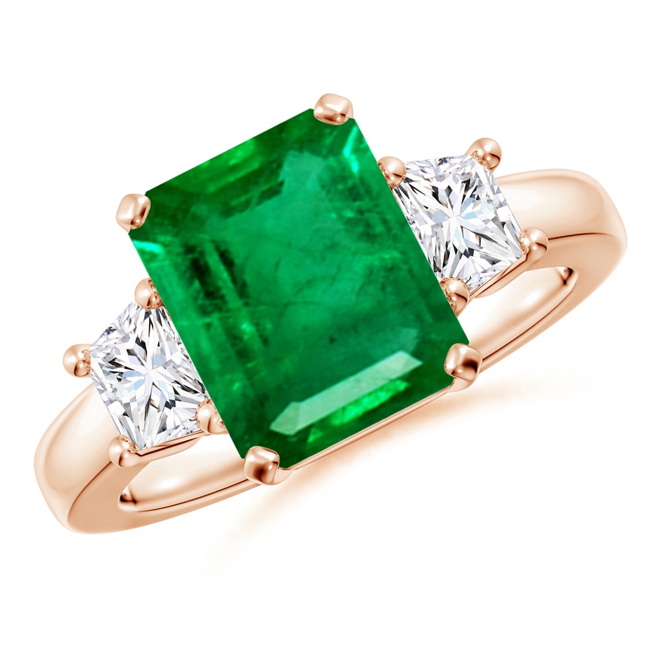 10x8mm AAA Emerald and Diamond Three Stone Ring in Rose Gold 